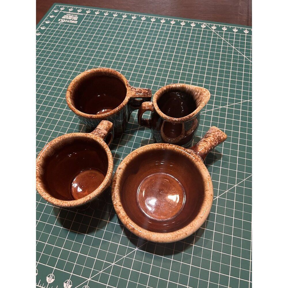 Vintage Hull Oven Proof Brown Drip Stoneware 2 mugs, Creamer , Ramekin